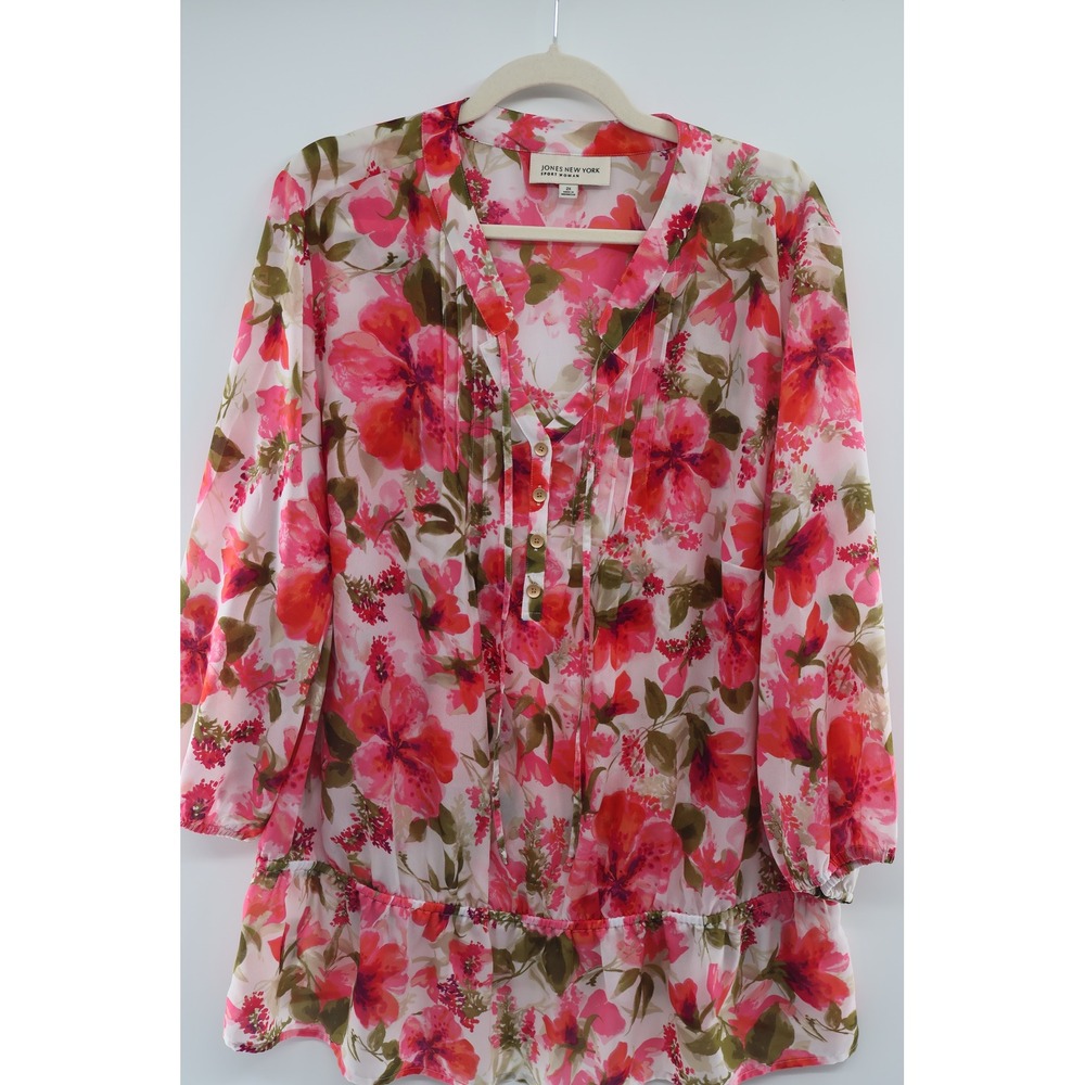 Plus Size Sheer Floral Blouse 2X Pink Peplum Spring Top Jones‎ New York